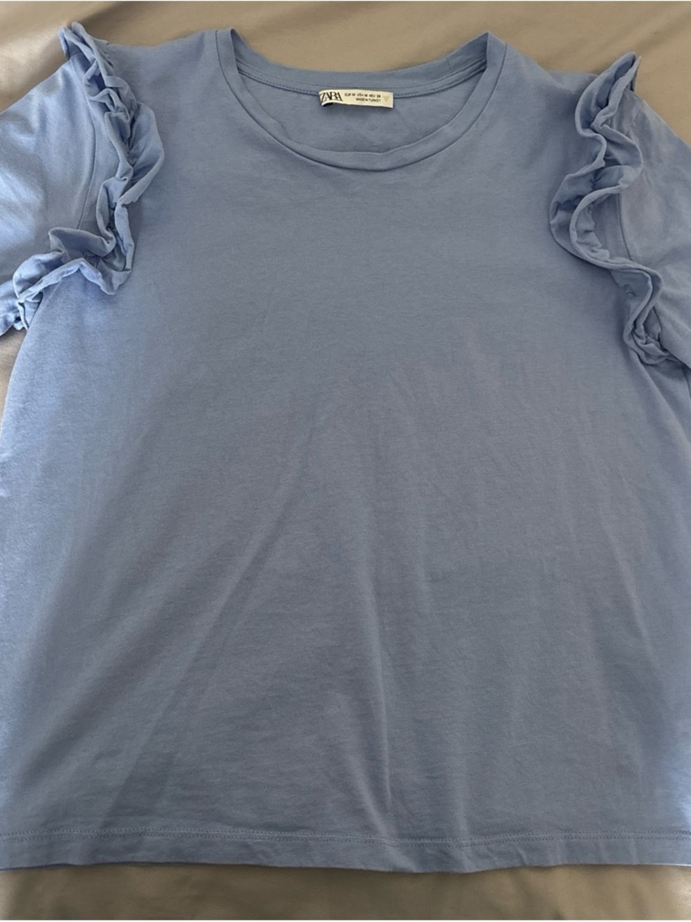 Zara Pale Blue Crew Neck Tee with Subtle Ruffle Detail